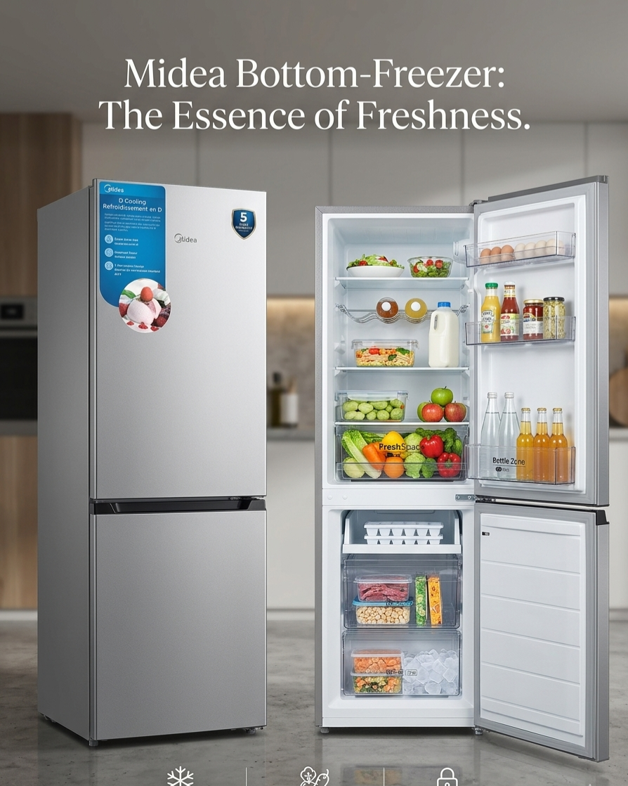 Midea Bottom-Freezer Refrigerator (Silver Metallic) – Brand New