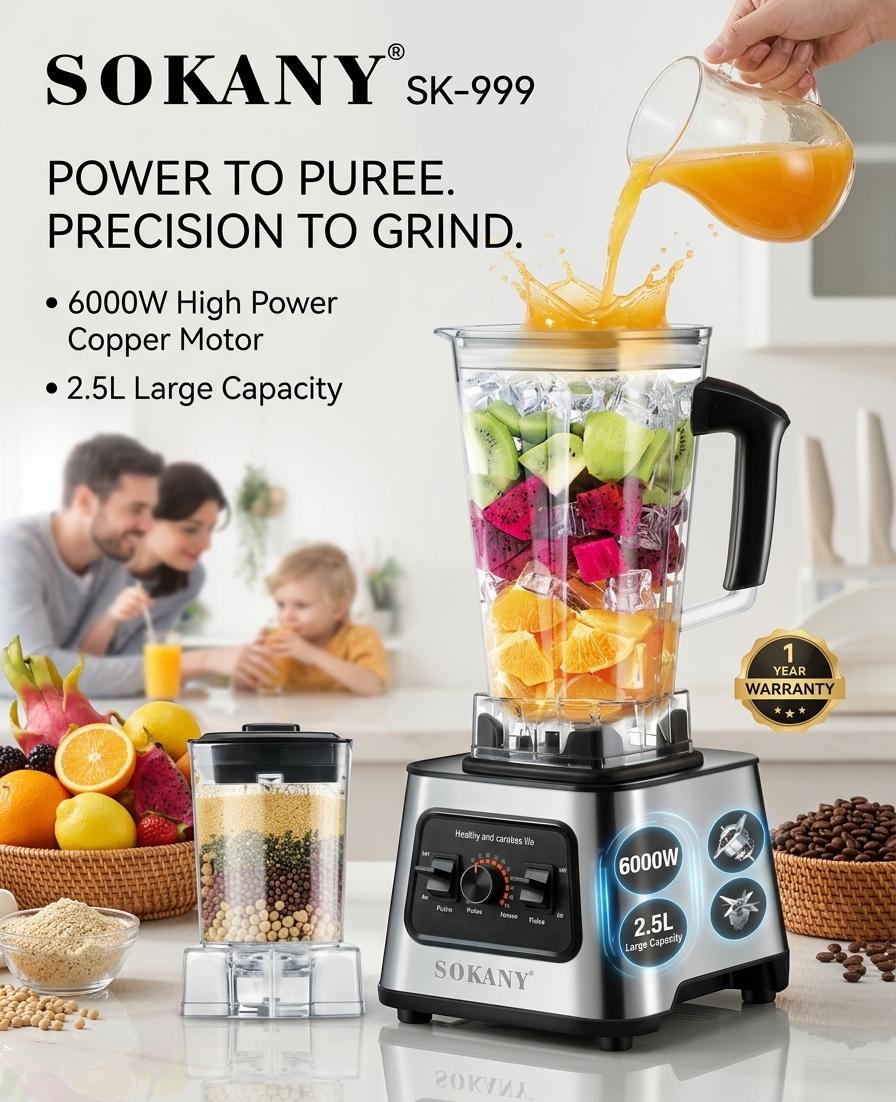 SOKANY SK-999 Multi-Purpose Blender (6000W, 2.5L) – The Modern Blender That Grinds Everything!