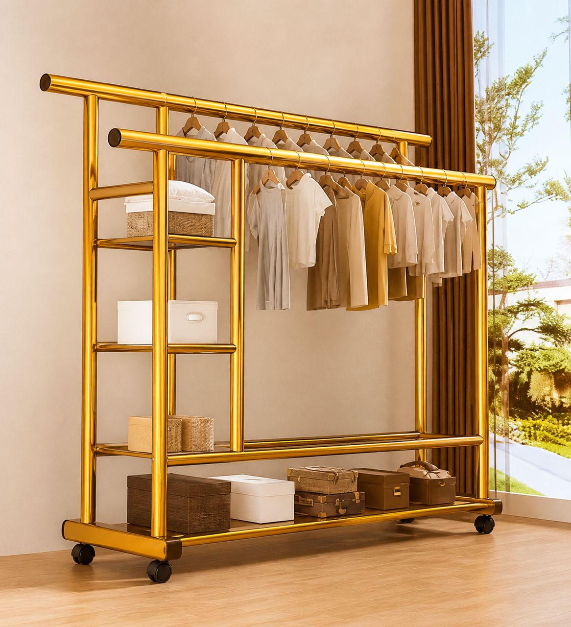 Premium Golden Double-Rail Clothing Rack with Storage Shelves